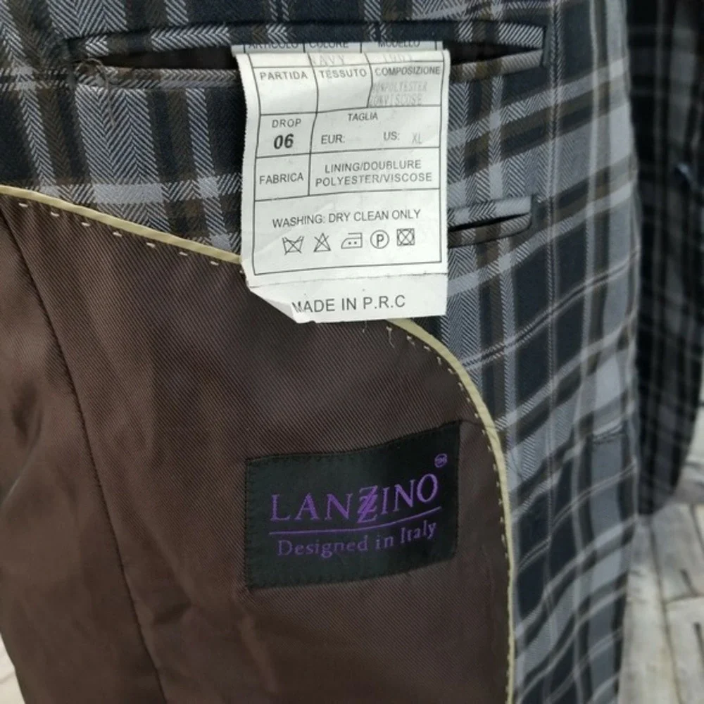 Lanzino Mens Plaid Blazer Navy Gray Elbow Patches Trim Two Button XL Windowpane‎